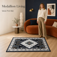 Tapis personnalisé en velours noir et blanc à motif médaillon, imprimé, antidérapant, doux, pour salon, avec bordure géométrique vintage