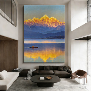 Peinture à l'huile sur toile moderne italienne minimaliste, paysage de montagne dorée au coucher du soleil, décoration de salon, œuvre d'art - Product Image 2