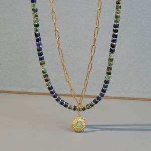 Collar de joyería de lapislázuli turquesa africano hecho a mano cuentas de piedra natural gargantilla forma de sol collar con colgante de acero inoxidable - Product Image 1