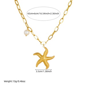 Gold Plated Starfish Pendant Necklace With Pearl Stainless Steel Chain Ocean Theme Fashion Jewelry Gift - Product Image 4