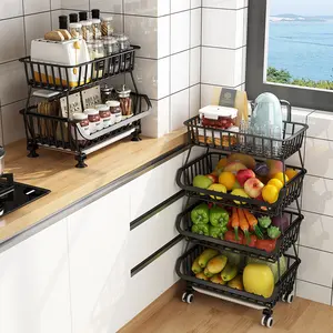 Cestas de alambre de Metal negro para cocina y baño, soporte de almacenamiento de verduras con rueda, despensa, 3/4/5 niveles