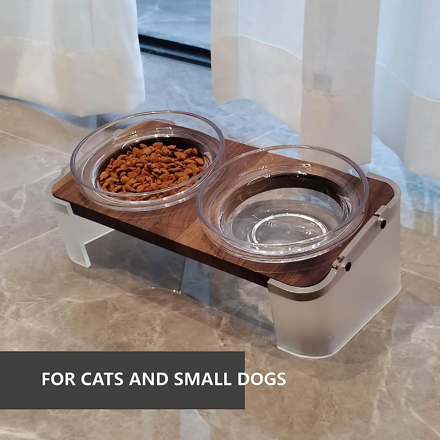 ชามอาหารสุนัขและแมวทำจากอะคริลิคทรงสูงพร้อมชามสเตนเลสและแก้วแบบถอดได้2ชุด