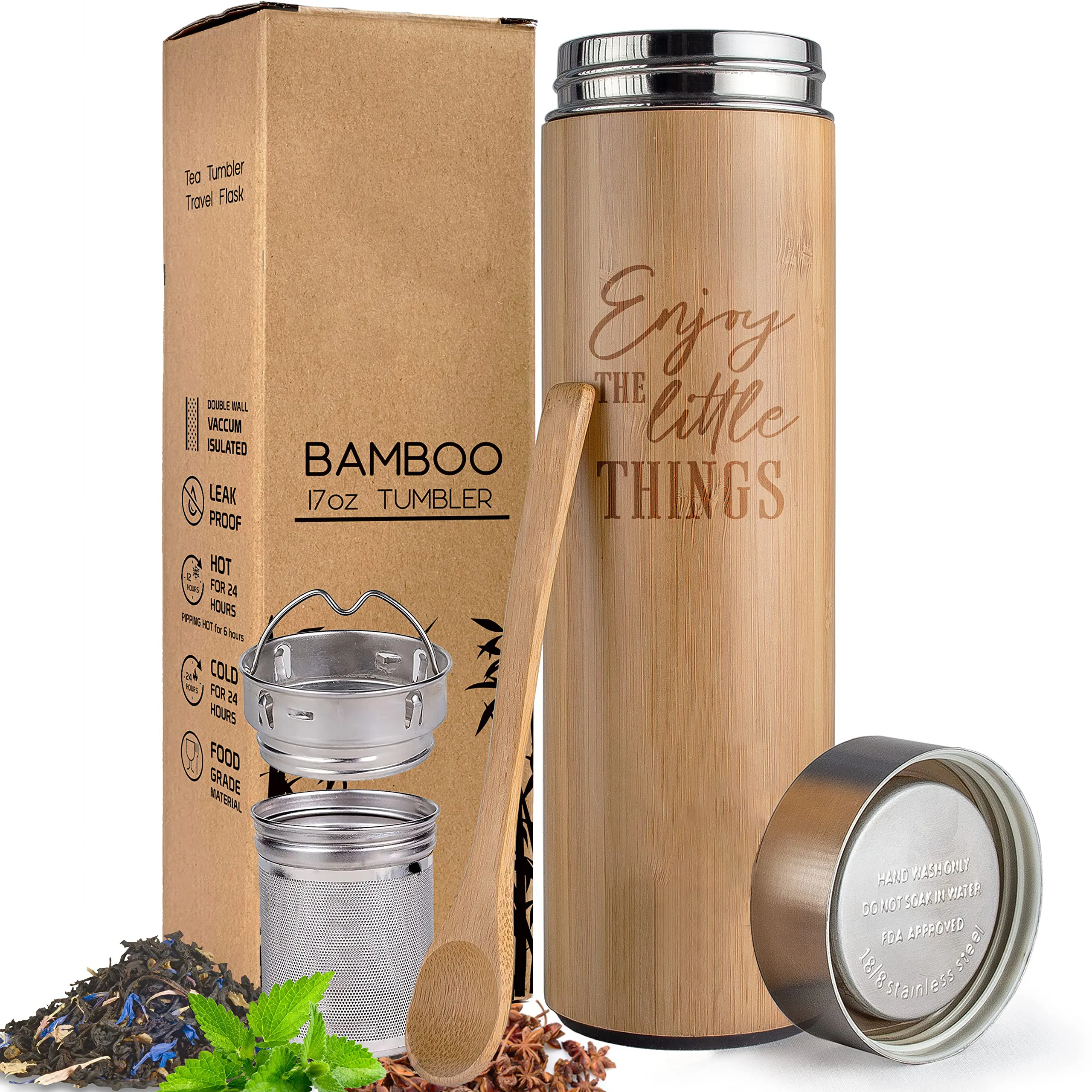 Botol air Stainless Steel, termos teh bambu, botol Infuser, botol air Stainless Steel, termos, Logo kustom