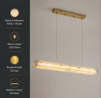 Lustre LED moderne en alabâtre linéaire, finition or brossé, luminaire horizontal pour îlot de cuisine, idéal pour salle à manger