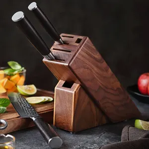 2022 New Arrival Natural Walnut Wood 6 Slots Kitchen Knife Holder Stand Knives Blocks Display Racks