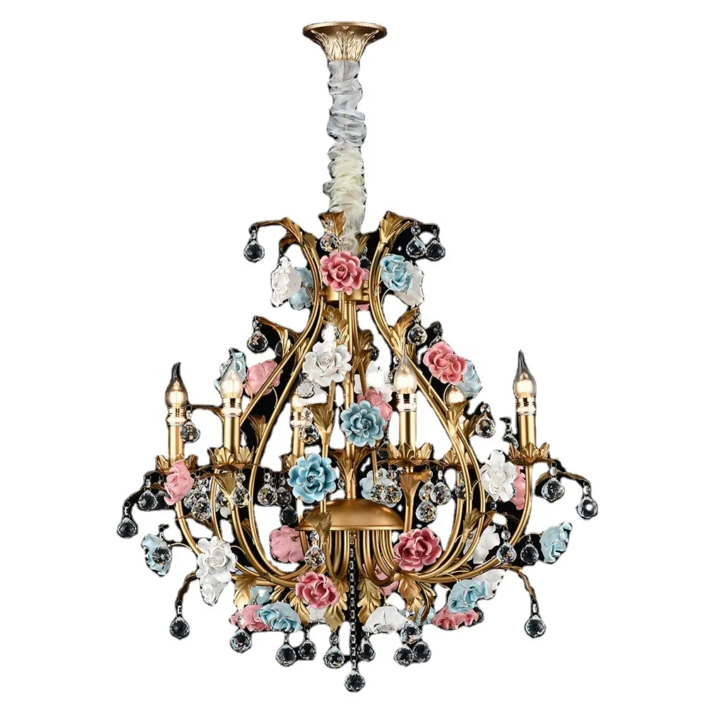 French Style Colorful Brass Ceramic Flower Chandelier Hanging Pendant Lamp Iron Chandelier Pendant Lighting for Hotel Villa