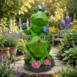 Ranas Verdes Apiladas con Detalles <span class=keywords><strong>de</strong></span> Mariposas, Alimentadas por Energía Solar - Adorno Decorativo para Jardín Resistente a la Intemperie con Ojos Iluminados - Product Image 1