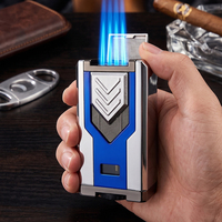Briquet torche rechargeable en métal personnalisé JH avec poinçon, en alliage de zinc, à quatre jets de flamme, grand format, classique et élégant pour cigares