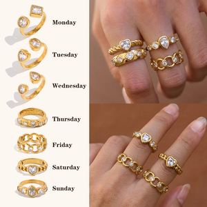 Bague empilable tendance en acier inoxydable plaqué or 18 carats avec zircon, bague ouverte pour femme, ensemble de bijoux tendance, collection Lundi Dimanche - Product Image 2