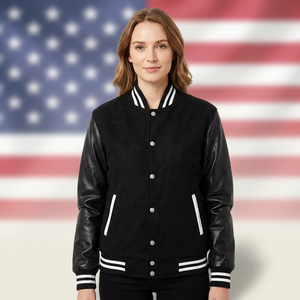 Veste universitaire unisexe noire avec manches en cuir PU, couleur unie, col rabattu, fermeture à boutons, vêtement décontracté pour l'automne - Product Image 1