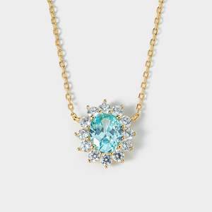 Collana <span class=keywords><strong>con</strong></span> Ciondolo in Argento Sterling 925 Placcato Oro <span class=keywords><strong>con</strong></span> <span class=keywords><strong>Acquamarina</strong></span> Sintetica Ovale Halo e Zirconi, <span class=keywords><strong>Gioielli</strong></span> da Donna - Product Image 1