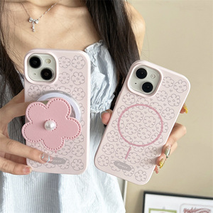 เคสโทรศัพท์ซิลิโคนเหลวแบบแม่เหล็ก ลายดอกไม้สีชมพูอ่อน สำหรับ iPhone 17 ProMax 16 15 14 ป้องกันการกระแทก - Product Image 1