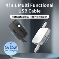 Câble de charge rapide rétractable 4 en 1, cordon de charge multifonctionnel avec support de téléphone, câble de synchronisation de données 60W 3A pour mobiles