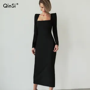Bclout femmes printemps fendu mi-mollet solide Sexy robe Stretch col carré à manches longues robes de soirée élégante robe moulante noire