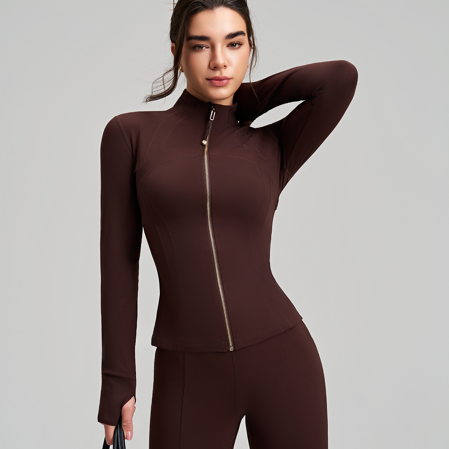New Women's Slim Fit Solid Breathable Plus Size Yoga Top Front Logo Long Sleeve Finger Sleeves Stand Collar High-End Yoga Wear