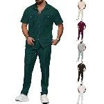 Conjunto de Camisa y Pantalones Casuales Blancos para Hombre, Manga Corta, con Botones y Bolsillos, Poliéster, Dos Piezas, Ropa de Ocio XZ-10 - Product Image 3