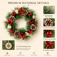 Guirlande de Noël artificielle en pin givré avec boules rouges, pommes de pin, baies rouges et breloque en bois pour porte d'entrée, cheminée et décoration murale de Noël