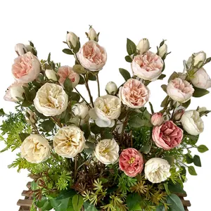 ดอกไม้ช่อกุหลาบปลอมผ้าไหมเทียมจำนวนมากสำหรับแจกันวินเทจบ้านแต่งงานเจ้าสาวโบโฮดอกไม้จริง