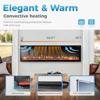 Cheminée murale encastrée Kalsubo de 72 pouces, cadre ultra fin, chauffage à flamme de cristal, double puissance 750W/1500W, minuterie réglable