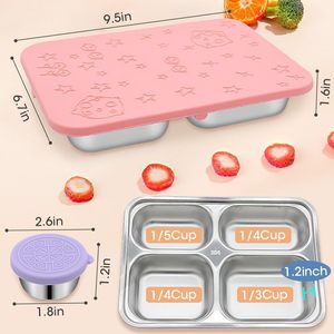 Kotak makan siang anak-anak 4 kompartemen, kotak makan siang Bento dengan tutup silikon kompartemen