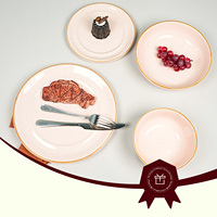 Ensemble de table ronde de 16 pièces, ensemble de table en grès glaçure à large bord couleur rose, ensembles de vaisselle de bon augure pour la maison