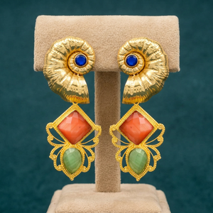 Recién llegado, pendientes largos de piedras preciosas de chaceldony de zafiro con diseño de flor dorada, hidro y naranja y Peridoto, Pendientes colgantes - Product Image 3