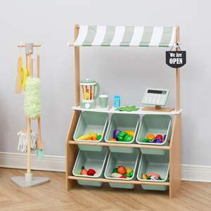 Stand de marché agricole en bois pour enfants avec <span class=keywords><strong>caisse</strong></span> <span class=keywords><strong>enregistreuse</strong></span> factice et 6 bacs de rangement en plastique vert - Product Image 2