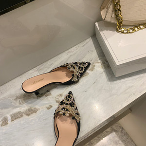 2025 New Women's Pointed Toe Pumps Retro Polka Dot Party Slip-On Mules Retro Appliques Thin <b>Heels</b> Black Spring/Autumn Fashion - Product Image 4