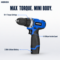 HERZO Bor Mini Tanpa Kabel 12V Torsi Maksimum 25Nm 500W 2.0Ah Motor Lithium Brush Kecepatan Variabel Chuck Spline Industri 10mm
