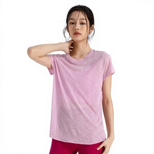 Camiseta de yoga para mujer con espalda cruzada y aberturas, ligera, transparente, de manga corta, atlética, de secado rápido y transpirable para Pilates - Product Image 2