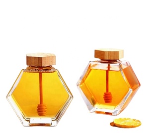 Bouteille de stockage hexagonale en verre avec couvercle en bois, 100 ml, 220 ml, 380 ml, avec cuillère intégrée, pour miel – Meilleures ventes - Product Image 1
