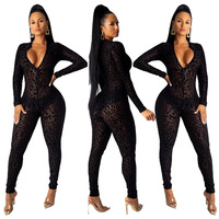 Combinaison en velours léopard transparente pour femme, sur mesure, avec fermeture éclair sur le devant, sexy, à manches longues