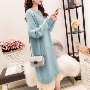 New arrival korea style round neck loose fit lace pregnant women cotton sweater dress