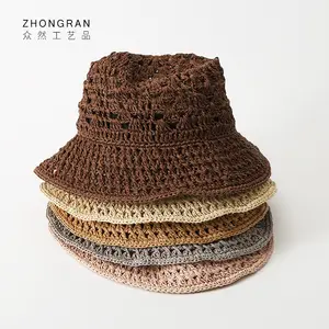 Custom Fashion Foldable Breathable Crochet Stripe Straw Hat Beach Sun Uv Protection Bucket Hat Cap