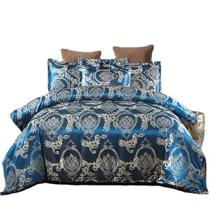 European Style Luxury Blue Satin Jacquard Bed Sheet Duvet Sheet Bedding Set