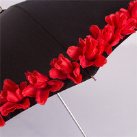 Parapluie droit noir de 23 pouces avec poignée décorée de fleurs, en polyester, style américain, pour jardin, fête et défilé de mode