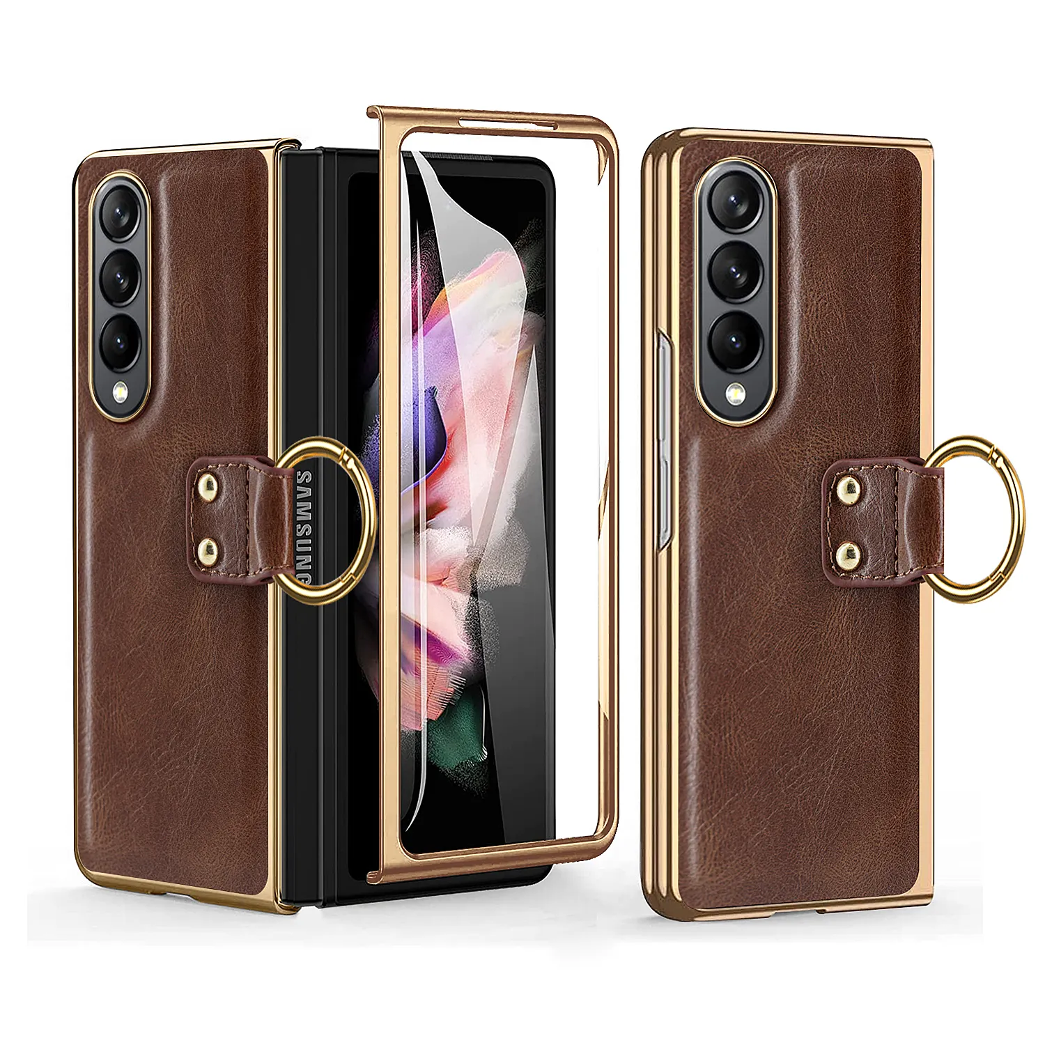 Finger Crazy Horse Ring holder leather cover case for Samsung Galaxy Z Fold 4 3 2 Mobile Phone case
