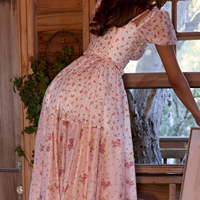 Robe midi corsetée évasée rose vintage à fleurs, à épaules dénudées et manches bouffantes, avec poches, pour femme