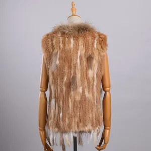 Women's Casual Knitted Vest Raccoon Fur Trim Collar <strong>Gilet</strong> <strong>Lady</strong> Fashion Waistcoat V-neck Outerwear Autumn Winter - Product Image 2