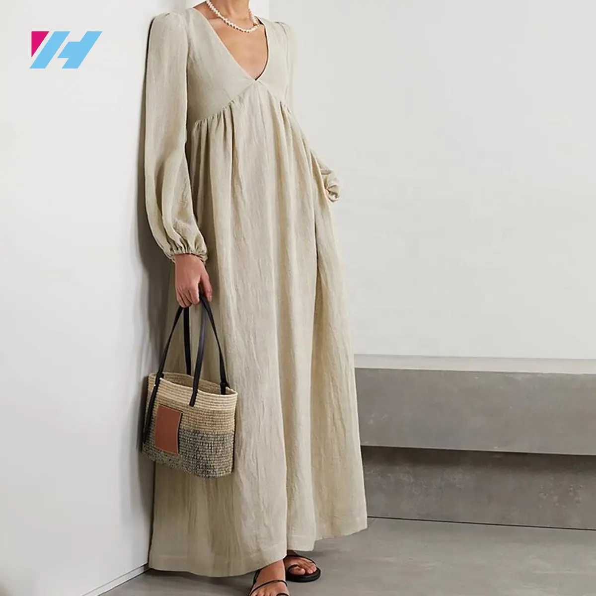 Dames françaises décontractées à manches longues été pur Boho longues Maxi 100% robes en lin pour les femmes