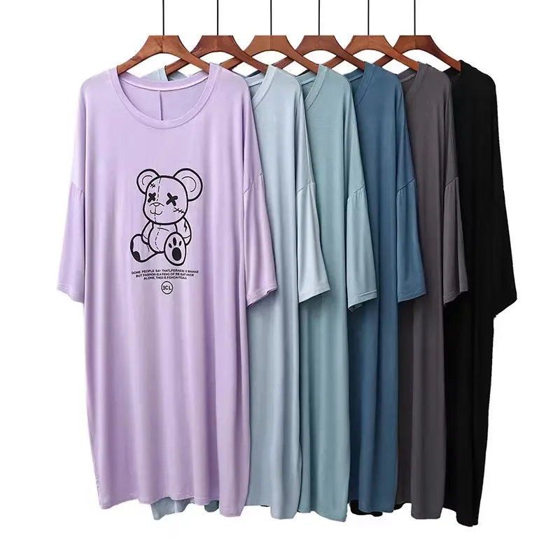 China Factory Cartoon Printed Sleep Shirts Plus Size Model Night Gown Casual Sleepwear Adult Women Cute Pajamas Long Sleep Dress