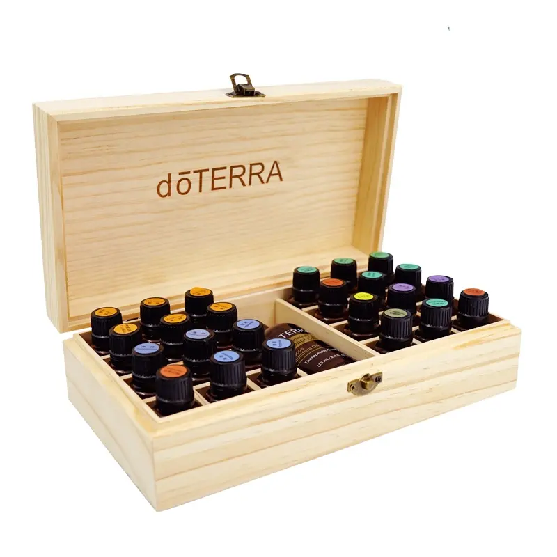 Hot sell 25 Slots essential oil organizer custom wooden storage boxes with hinged lid