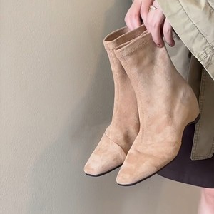 Genuine Leather Retro Suede Slim Ankle <b>Boots</b>, Square Toe Inner Heightening Short <b>Boots</b> with Back Zipper for Women - Product Image 1