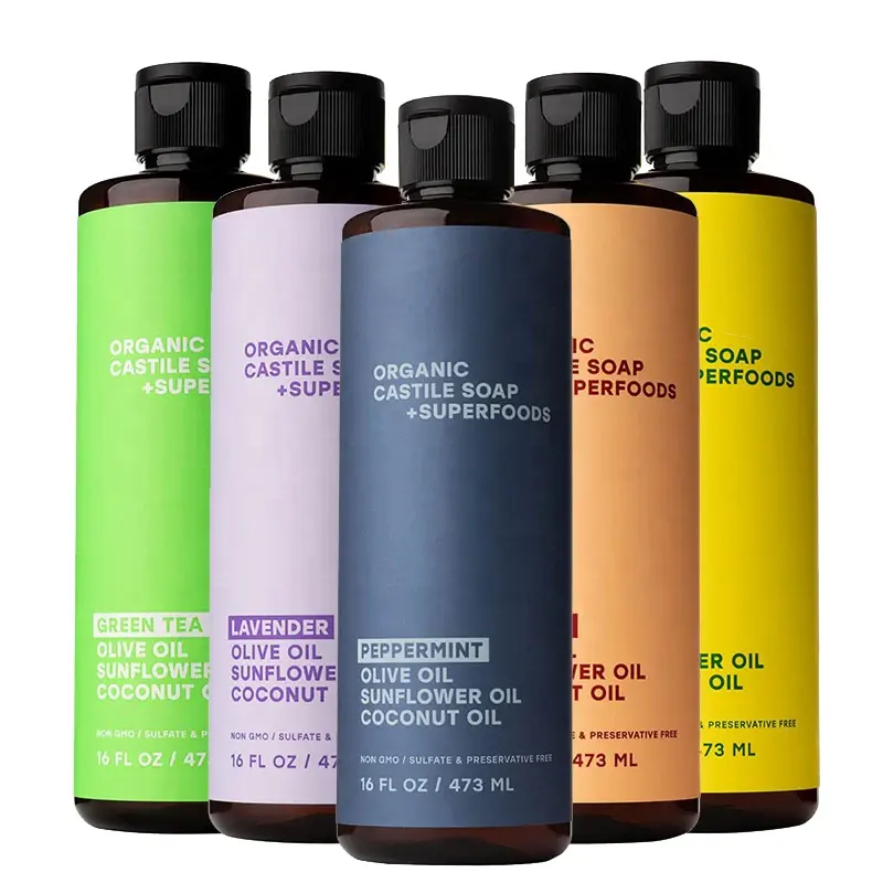 Orgânica Castela Sabão Líquido Shower Gel Set com PepperMint Lemon Tea Tree Lavanda, Perfume Banho Plantas Óleo Veggie Body Wash