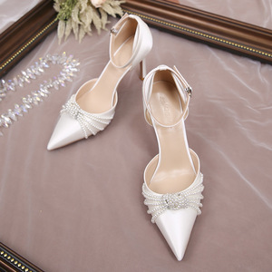 New Multi-pearl <b>Pointed</b> <b>Toe</b> Stiletto High Heels Sexy Satin Wedding Shoes - Product Image 6
