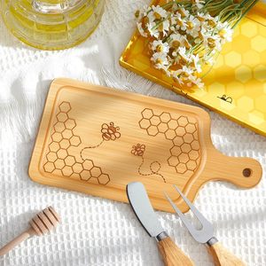 Solid Wood Honeycomb <b>Cheese</b> Board With <b>Knife</b> And Fork <b>Set</b> For Kitchen Serving And Plating Tray - Product Image 1