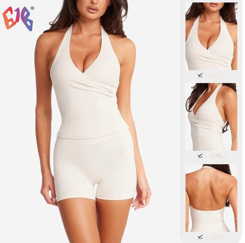 Women V Neck Cross Halter Yoga Tank Top Built in Fixed Pads Backless Sleeveless Quick Dry Fitness Workout Sports Vest Activewear