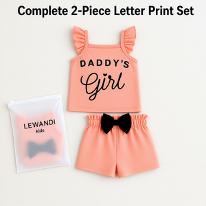 Completo Estivo Casual per Bambine 0-3 Anni, Top in Cotone-Poliestere con Stampa Lettering + Pantaloncini con Fiocco, Outfit Quotidiano - Product Image 1