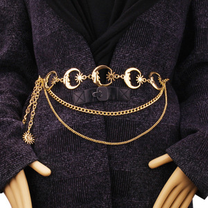 Cadena de cintura de aleación de zinc con diseño de sol y luna en tono dorado para mujer, joyería de moda para fiestas con patrón de estrellas y diseño de una sola vuelta. - Product Image 4