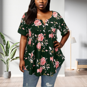 Shirt grosir penjualan langsung musim panas kasual ukuran <span class=keywords><strong>Plus</strong></span> V-neck kancing longgar bunga kemeja Fashion - Product Image 5